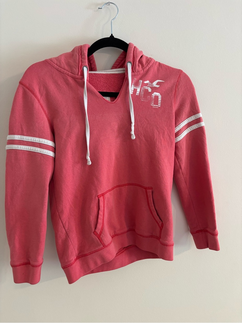 Hollister Coral Pink Hoodie with White Stripes Y2K Size Medium